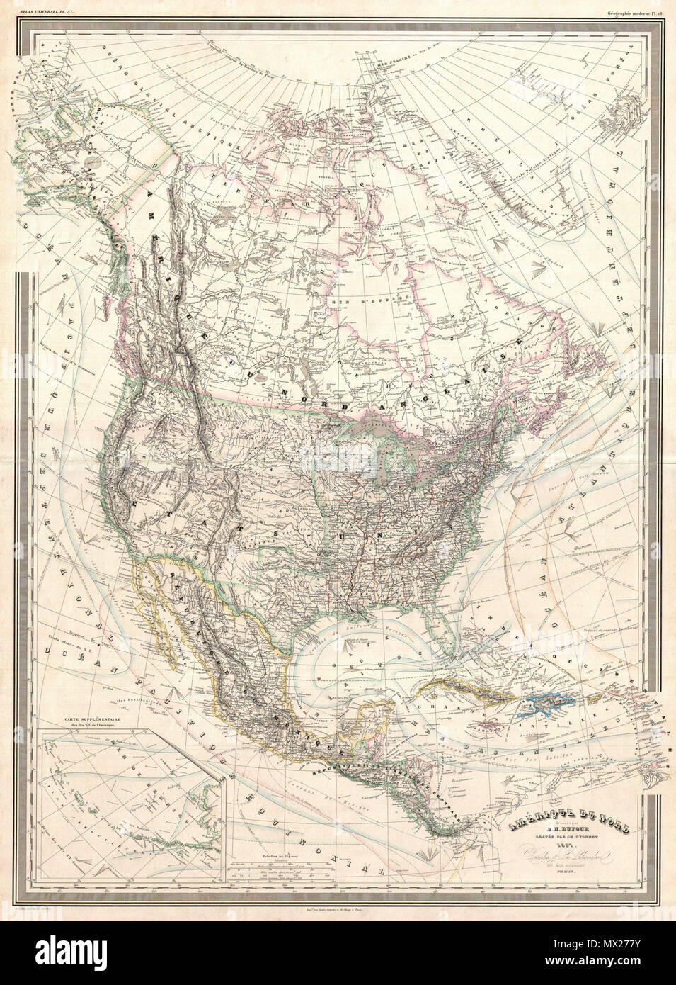 . Amerique du Nord. Anglais : un grand format finement détaillé 1857 Carte de l'Amérique du Nord sur la projection de Mercator par le cartographe français A. H. Dufour. Cette carte couvre l'ensemble du continent à partir de la calotte glaciaire de la partie nord de l'Amérique du Sud, y compris les Antilles, l'Amérique centrale, le Mexique, les États-Unis, le Canada et l'Alaska. En plus des données politiques et physiques de cette carte offre une grande richesse de l'information cartographique notamment itinéraires nautiques, les courants, les vents, les notes sur les explorateurs, certains détails au large des côtes, des commentaires sur les calottes polaires, les notes sur la végétation, un Banque D'Images
