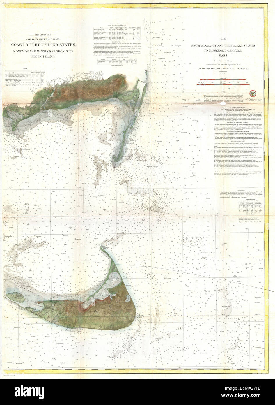 . N° 12 de Monomoy et hauts-fonds de Nantucket, à l'Île Channel Messe. Anglais : un bien rare et exceptionnel exemple de l'Enquête sur la carte ou plan de Nantucket. La feuille est l'est un ensemble de cartes de trois - et est rarement offert séparément. Le présent site (no. Dans la série 12) couvre l'île de Nantucket et la partie sud de Cape Cod, Massachusetts. Plus d'immeubles particuliers et les routes. Tout au long des travaux de sondage offre d'innombrables et montre les nombreux hauts-fonds sous-marins de la région. Quadrant supérieur droit a plus d'instructions de course et des notes sur les variations magnétiques, Banque D'Images