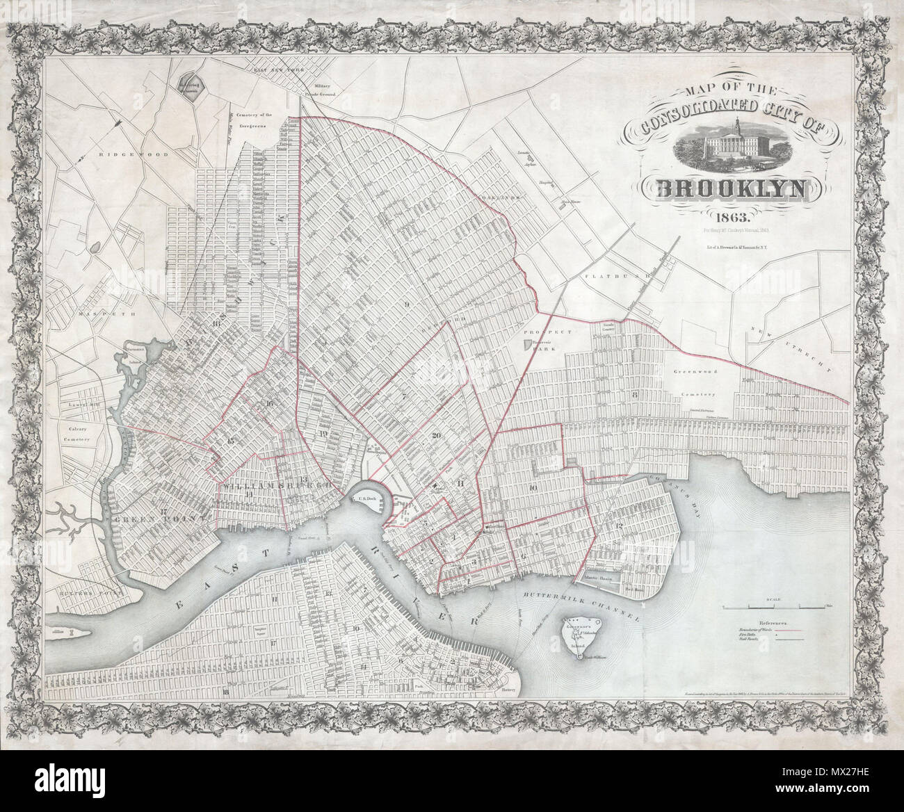 . Plan de la ville consolidée de Brooklyn. Anglais : Un très rare première édition de poche 1863 Henry McCloskey, carte de la ville de Brooklyn, New York. Au milieu du xixe siècle, alimenté par l'avènement de la machine à vapeur, qui fait la traversée en ferry de l'East River, comté de Kings pratique a connu une explosion massive de la population. Riches et pauvres n'ont pas tardé à abandonner le sale et claustrophobique Manhattan pour ensuite les terres de banlieue juste en face de l'East River. En 1855 les communautés de Greenpoint, Brooklyn, Williamsburg et Bushwick ont été consolidés par l'État de New York en une seule grande ville, m Banque D'Images