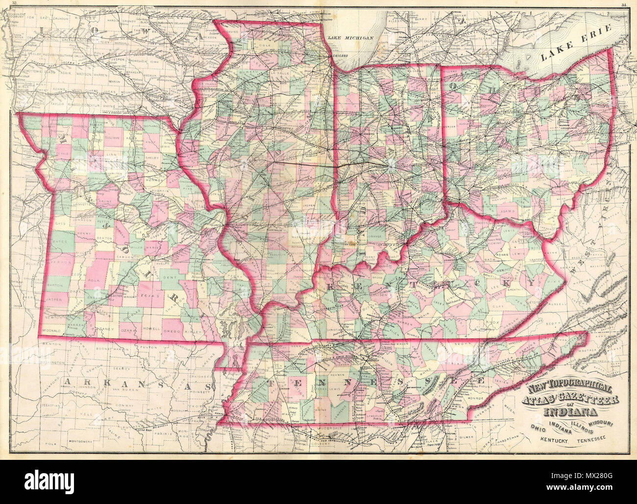 Nouveau Atlas topographique et Gazetteer of Indiana, Ohio, Indiana,  Illinois, Missouri, Kentucky, Tennessee. Anglais : c'est une 1874 Asher &  Adams part carte en couleur du Midwest et du centre de
