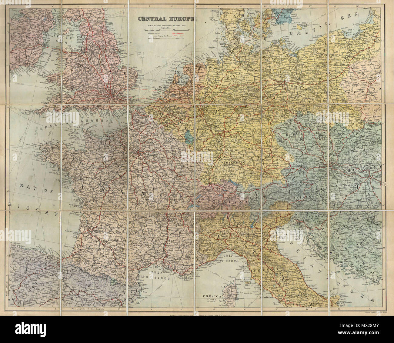 . L'Europe centrale . Anglais : c'est une fascinante 1895 carte montre l'Europe de l'Angleterre vers les Balkans, du NW de l'Espagne à la mer Baltique. Présenté en format de poche avec 18 panneaux montés sur le linge. Une partie de la collection de cartes de la bibliothèque de Stanford. . 1895111895 du Stanford Carte de poche de l'Europe --CentralEuorpe - Geographicus-1895 Stanford Banque D'Images