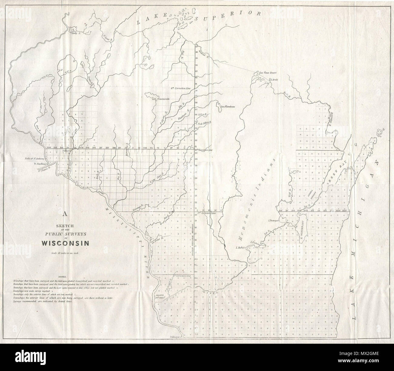 . Un croquis de l'enquêtes publiques dans le Wisconsin. Anglais : Ce magnifique site du Wisconsin a été publié en 1848 pour le Bureau de l'enquête des États-Unis. Il est officiellement intitulée "Un croquis de l'enquêtes publiques dans le Wisconsin". Cette grande carte révèle l'État du Wisconsin dans de magnifiques détails, y compris de nombreuses références historiques importantes, y compris mais non limité à l'Oneida Indian et Memomonie le territoire indien, les caractéristiques géographiques telles sont les chutes et les rivières, et des forts et des villes importantes comme Fort Snelling et de chien de prairie. . 1848 7 1848 Carte d'enquête publique du Wisconsin - Geographicus - Banque D'Images