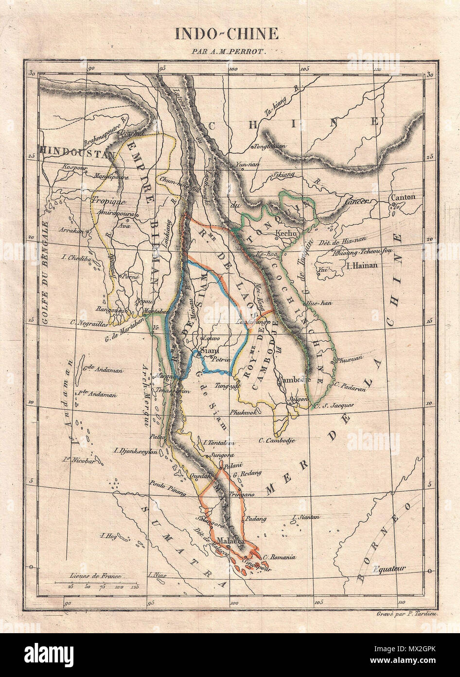 . Indo-Chine . Anglais : c'est un c. 1825 Carte de l'Indo-Chine par dessiné par Le français Aristide Michel Perrot cartographe et gravé par P. Tardieu. Couvre la zone de la Chine dans le nord de Sumatra du sud, et du golfe du Bengale à l'ouest, à Canton, dans l'Est. Curieusement, la ville de Singapour (Singapour) sur le continent. Pays et territoires figurant dans la couleur. Noms des grandes villes, les rivières, les îles, les golfes, les montagnes et les ports. Situé à grande échelle dans le quart inférieur gauche. . Vers 1800 (sans date) 8 1850 Perrot Carte de l'Indo-Chine - Geographicus - Indochine-perrot-1825 Banque D'Images