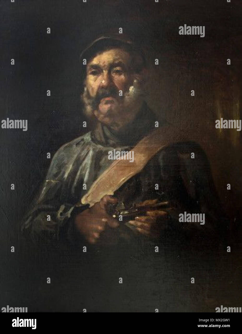 . Română : Paznicul de la Chailly, 87,5 x 70,5 cm, ulei pe n° pânză, inventar. 87 831/50, Ordin de clasare Tezaur - 2619/21.11,2013 - la Muzeul Național de artă al României. Une Bustul vârstă al unui om dans favoriţi cărunţi cu, mari. Cap pe o poartă şapcă. Este îmbrăcat bluză albastră într-o pe, piept diagonală, în, o eşarfă galbenă. Dans mâini ţine pistolet de l'ONU. Verso : însemnare (connectez-vous), "Pădurarul" pictură pânză autentică în ulei pe de N.Grigorescu / J.Al.Steriadi/ 26 II (1)945. 1867. Nicolae Grigorescu (1838-1907) Noms alternatifs Nicolae Jon Grigorescu Roumain Description p Banque D'Images