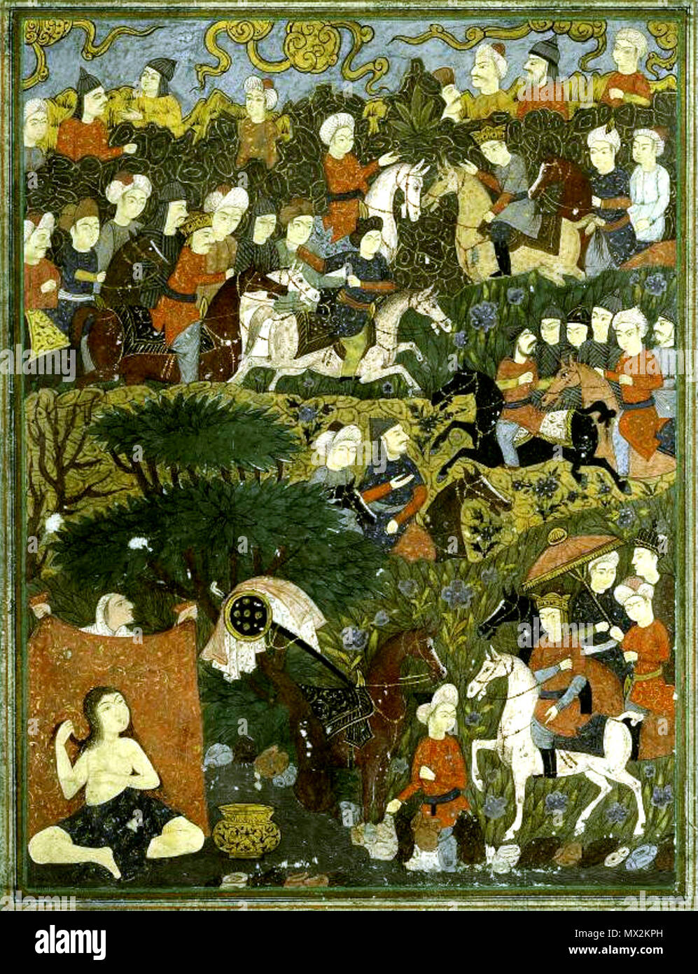 Shirin, baignade, d'être approché par Khusraw 556 Shirin baignade, d'être approché par Khusraw, peinture miniature, de l'Iran safavide Banque D'Images