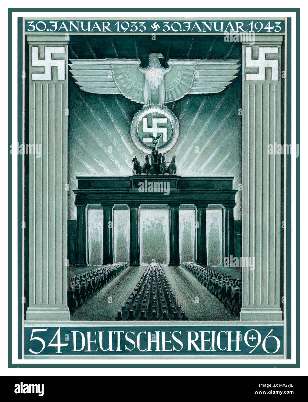 Vintage allemand Nazi timbre-poste œuvres propagande porte de Brandebourg Berlin Allemagne nazie 10th anniversaire de la prise de contrôle nazie par Adolf Hitler 1933-1943 œuvres d'art pour Deutsches Reich timbre commémoratif premier jour d'émission Jan 1943 graphiques par G. Klein Banque D'Images