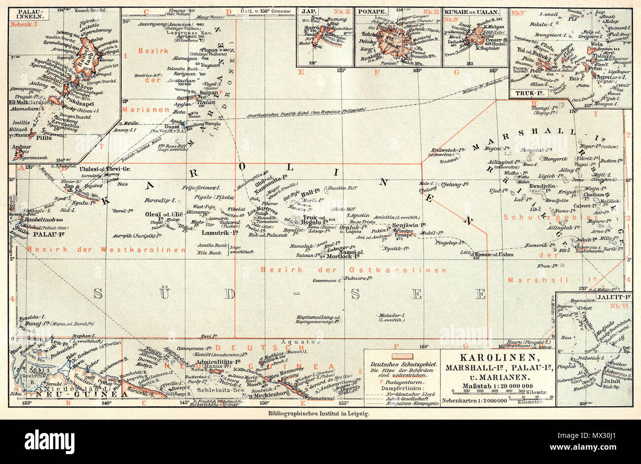 1905 Karolinen Marshall Palau Marianen historische Landkarte Lithographie ca 