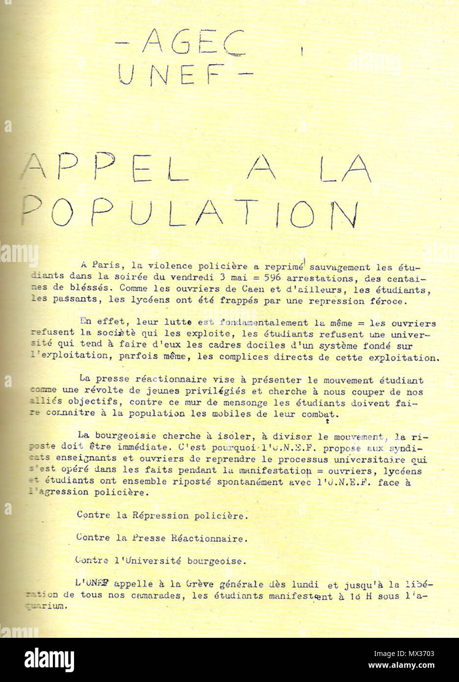 . English : intestinal de l'AGEC-UNEF du 4 mai 1968 . 4 mai 1968. 30 AGEC Agec4mai1968 Banque D'Images