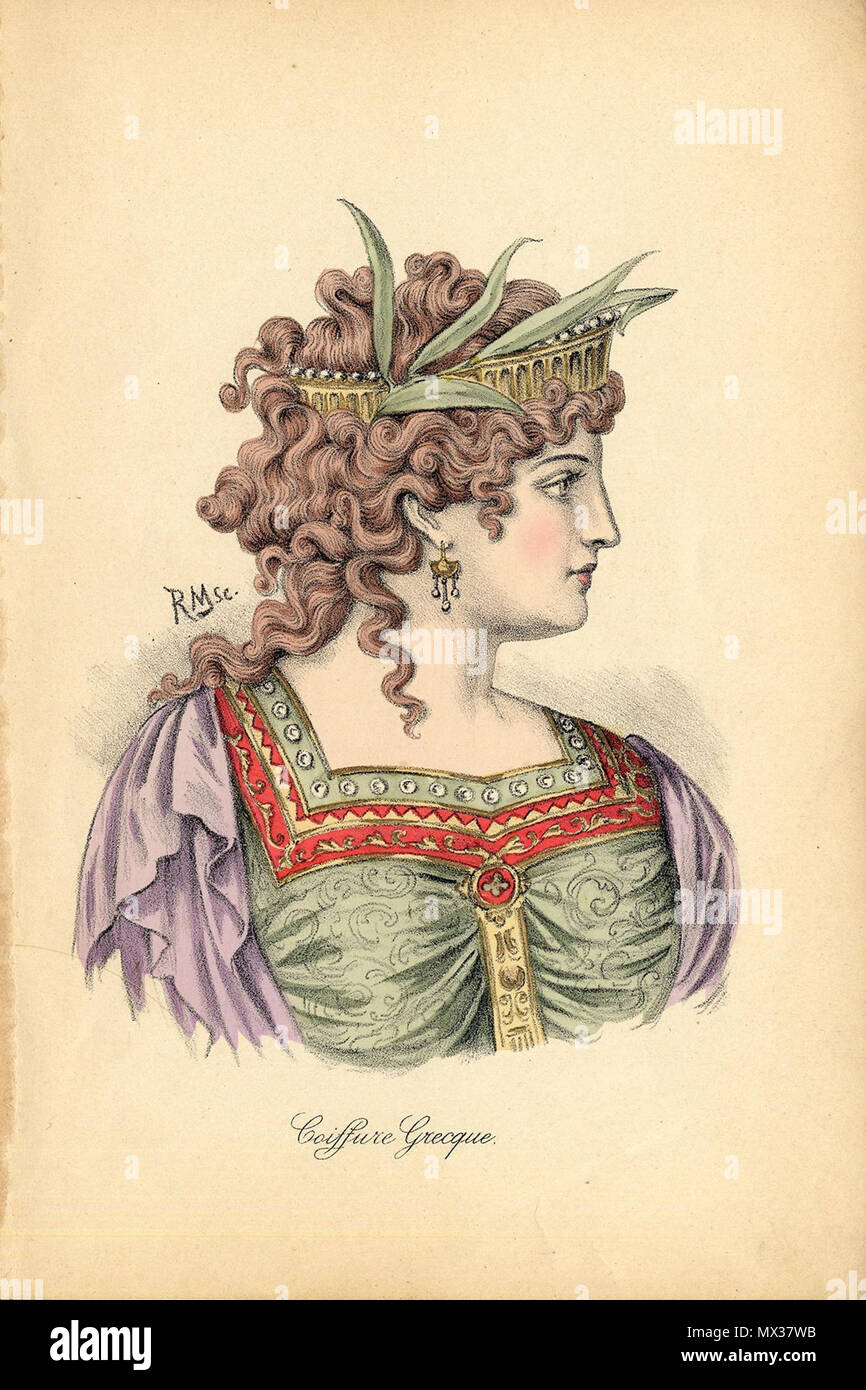 . Anglais : Coiffure Grecque. Une coiffure historique, à partir de la période grecque. Cette impression est offert, y compris le texte correspondant, qui explique comment la coiffure a été faite, et ce que (le cas échéant) les femmes portent l'ornementation. Les modèles sont souvent des femmes importantes de la période. vers 1890. R. Maury-Nissy 33 Album de coiffures Historques avec plaque de 2 Descriptions Banque D'Images