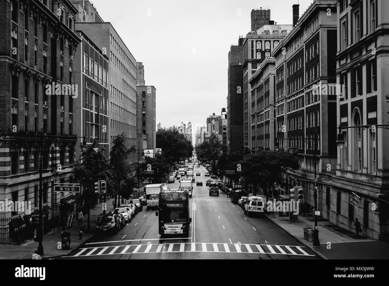 Broadway, vu à l'Université Columbia de Morningside Heights, Manhattan, New York. Banque D'Images