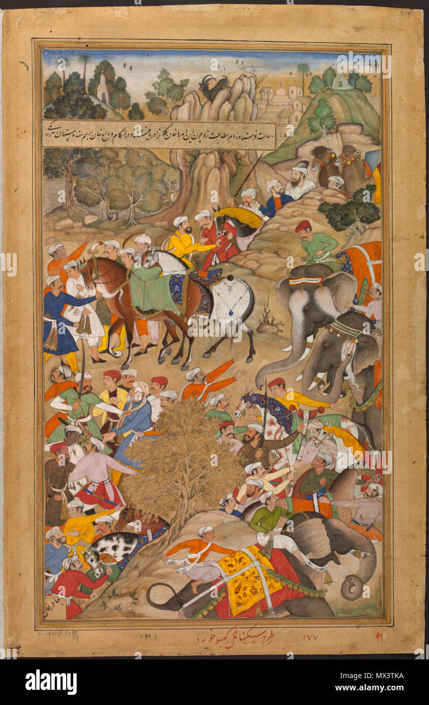 . La blessure de Khan Kilan par un Rajput durant son mars au Gujarat, en 1572 de l'Akbarnama . Au cours du mois de mars de forces Mughal dirigé par Khan Kilan à Gujarat, dans le nord-ouest de l'Inde, pendant la longue campagne pour conquérir ce royaume indépendant. L'armée de Khan Kilan était l'avant-garde et passe à travers le territoire de Sirohi Rajput. Le chef Rajput, Man Singh, Deohra envoyés à Khan Kilan mais à la fin de leur cible une des envoyés spéciaux poignardé le Mughal général dans l'épaule. Les hommes de Kilan Khan a fait un bond en avant et a tué l'agresseur et ses compagnons 51572-la blessure de Khan Kilan par Banque D'Images
