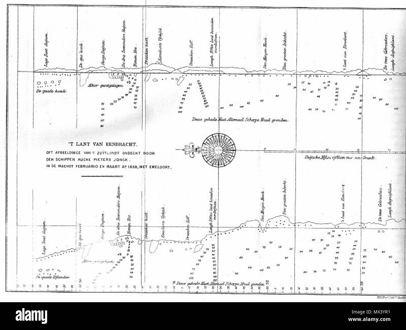 . Il s'agit d'une carte montrant la côte nord-ouest de l'Australie, tel qu'il est établi par l'Emeloort en 1658. Ce littoral était alors connu sous le nom de "Terre de Eendracht', parce qu'il avait précédemment été cartographié seulement par Dirk Hartog dans l'Eendracht en 1616. Carte originale remonte au xviième siècle ; début de voyages en Terra Australis a été publié en 1859.. Aucke principalement Pieters Jonke, skipper de l'Emeloort ; vraisemblablement certains cartographes professionnels ont été impliqués dans la production du produit final. 584 T Land Van Eendracht (Emeloort) Banque D'Images