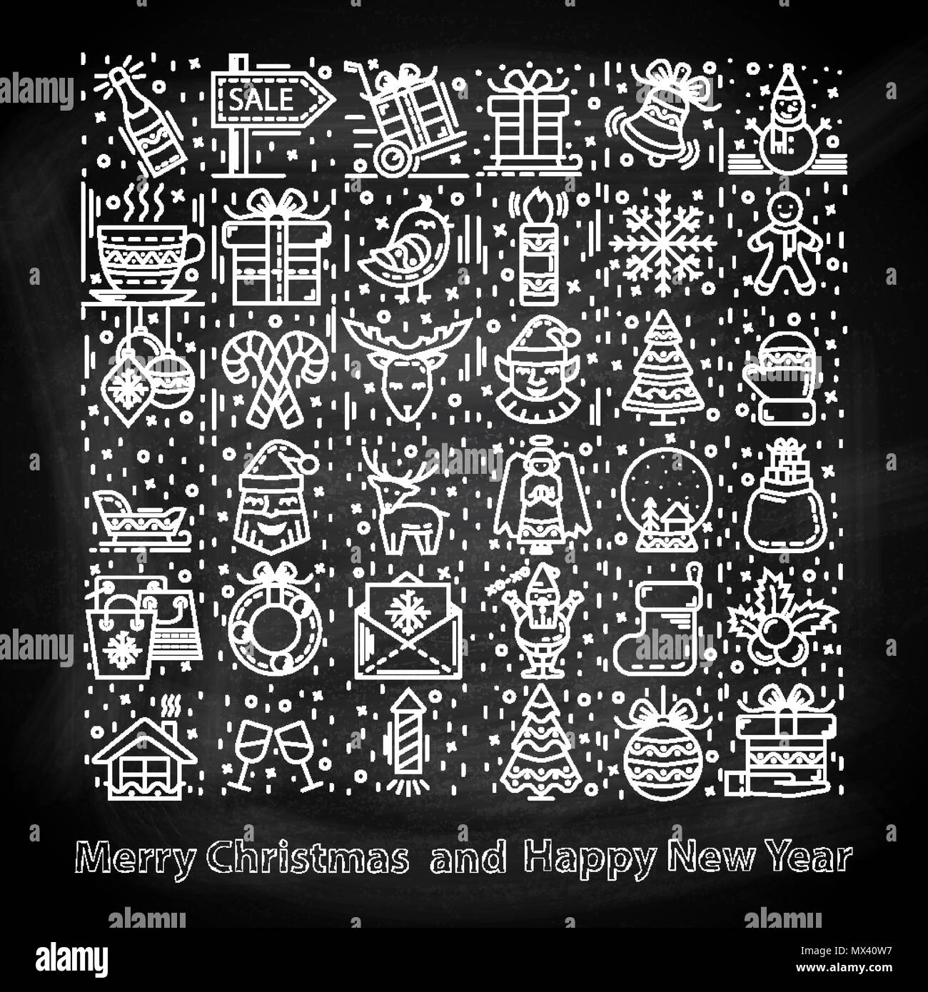 Bonne Année et joyeux Noël Icons set sur un tableau, avec le Père Noël,arbre de Noël,bonhomme de neige,bonbons,bateau,chambre,patins à glace,cadeaux,peut,flocon Illustration de Vecteur
