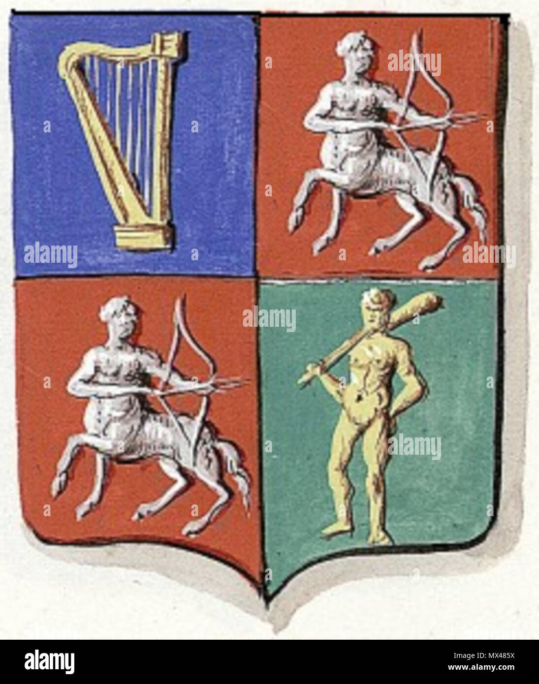 . English : blason de la famille des barons Ameil après l'empire. Écartelé : au 1, d'azur, à une harpe d'or ; aux 2 et 3, de gueules, au centaure Sagittaire d'argent, la tête contournée, décochant une flèche vers senestre ; au 4, de sinople, à un sauvage d'or, tenant une massue du même, posée sur son épaule. Le 9 août 2012. CHAN, XIXe siècle 42 Ameil2 Banque D'Images