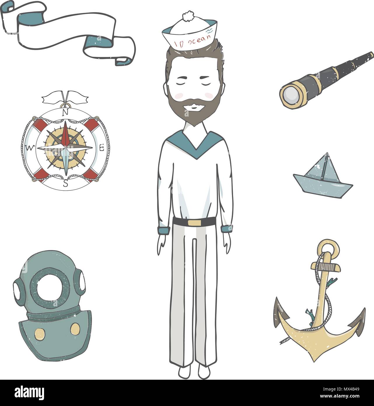 Art numérique marin un marin avec une barbe, une junte, un capitaine, un marin, un maître d'équipage, un marin, un des siens, un jeune homme élégant, un numérique hipster Illustration de Vecteur