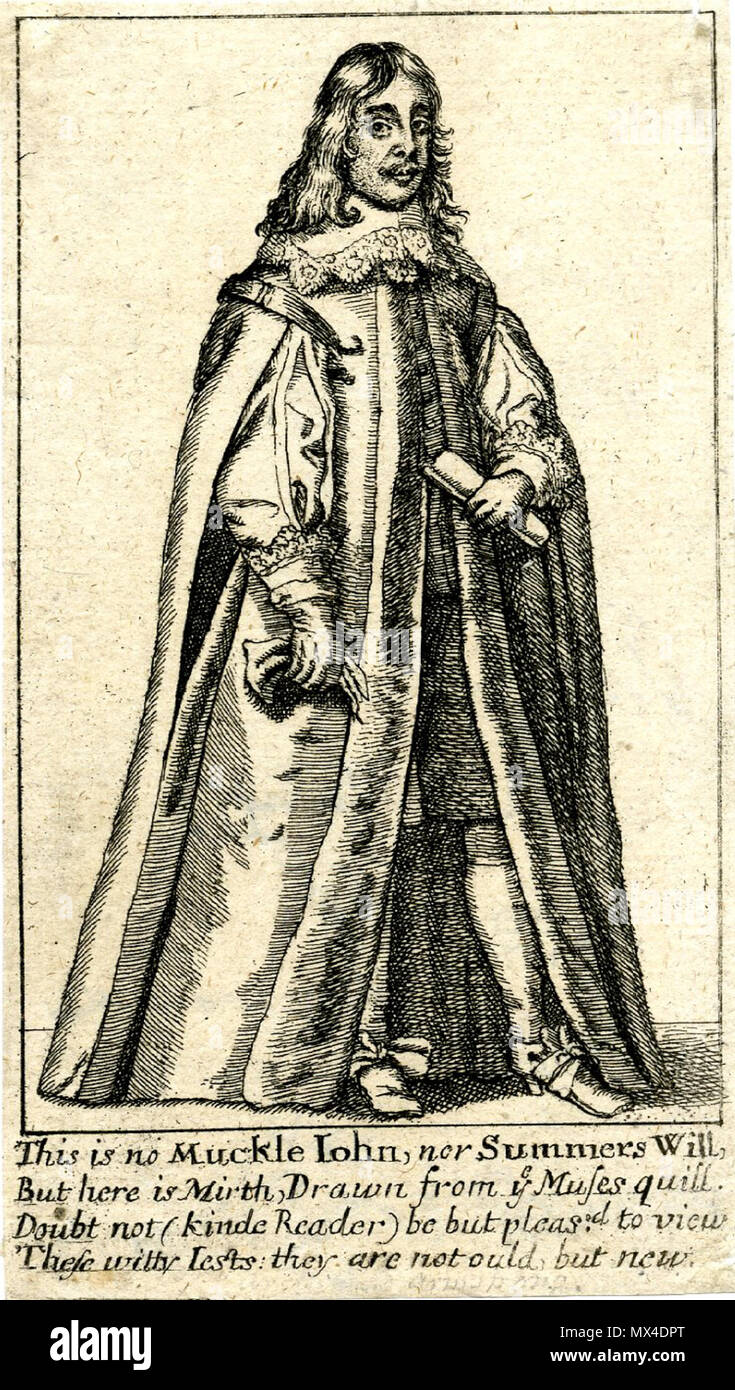 . Fr:Archibald Armstrong Portrait d'Archibald Armstrong, debout toute la longueur, portant collier et un long manteau, gants et holding papier ; frontispice à ses 'plaisanteries de Banquet' (1660). Lettres de gravure avec quatre lignes du verset : 'c'est pas de Muckle Iohn ... ne sont pas ould, mais de nouveau.' . circa 1660. Imprimer Produit par : Richard Gaywood Archie 55 Armstrong Banque D'Images