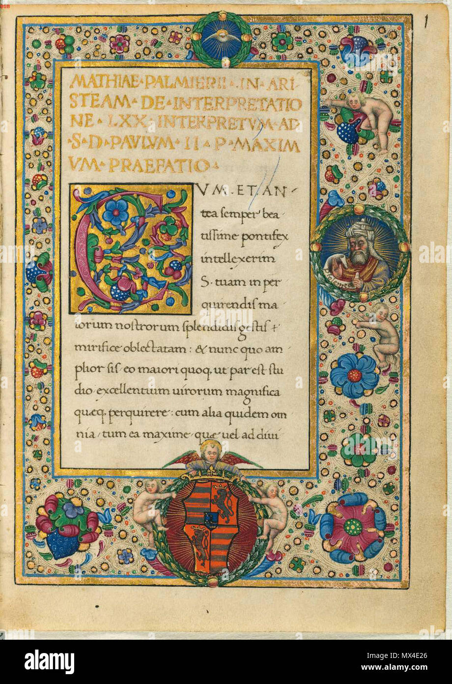 . Annonce Philocratem français : Epistula, connu sous le nom de lettre à Philocrates ou lettre de Works. Traduction en latin par Mattia Palmieri. Autographe de cirсa 1480. Munich, Bayerische Staatsbibliothek (BSB CLM 627). Vignette sur la droite représente Ptolémée II qui est dit d'avoir ordonné l'Works création de septante. E crest dans le bord inférieur est celui de l'ouvrage, premier propriétaire, Matthias Corvinus qui était le roi de Hongrie de 1458 à 1490. vers 1480. Inconnu 56 Works, Epistula ad Philocratem (BSB CLM 627) Banque D'Images