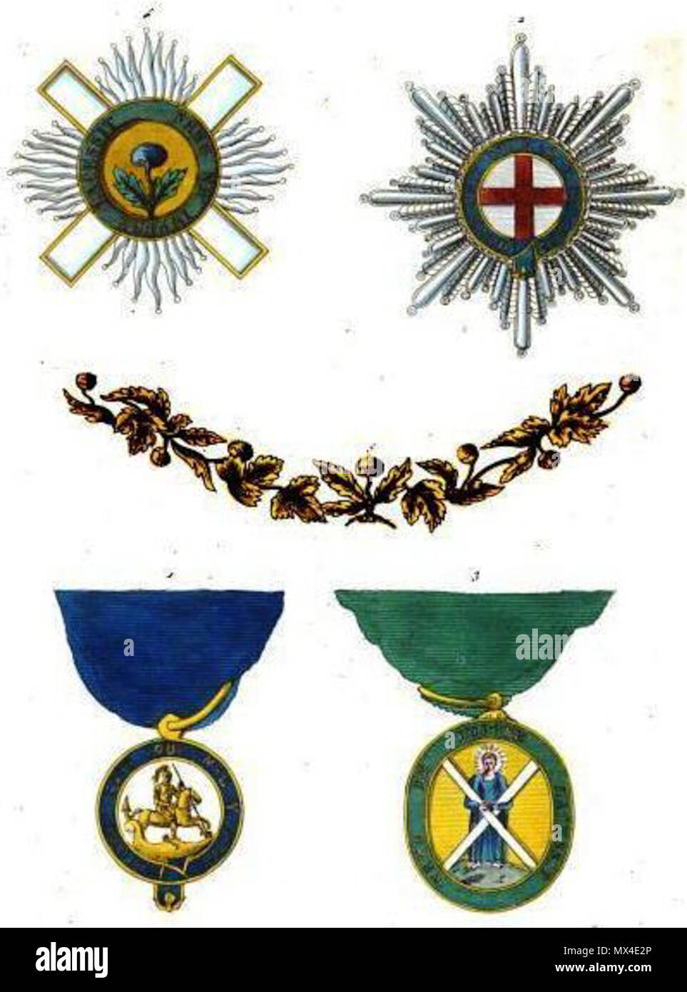 . English : Collection historique des ordres de chevalerie civils et militaires... Anglais : Collection d'historique des ordres de chevalerie civils et militaires de... : 1. Ordre de la Jarretière, badge (Royaume-Uni) 2. Ordre de la Jarretière, star (Royaume-Uni) 3. Le but de l'ordre du Chardon, badge (Royaume-Uni) 4. Ordre du Chardon, star (Royaume-Uni) 5. Le but de l'ordre du chardon, le collier (Royaume-Uni) . 182056 Aristide Michel Perrot - Collection historique des ordres de chevalerie civils et militaires (1820), pl. VII Banque D'Images