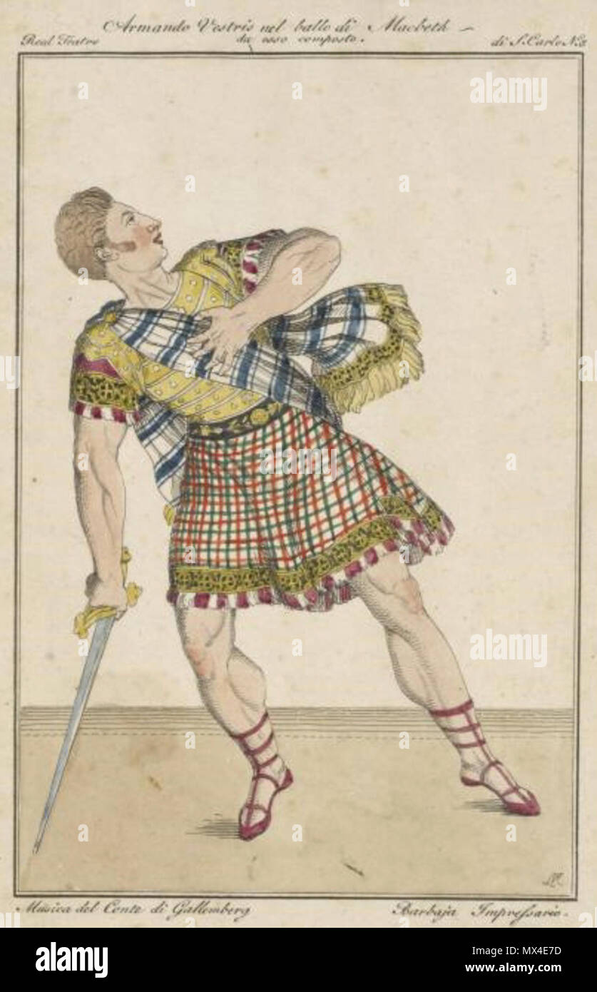 . Anglais : danseur de ballet et chorégraphe français Armand Vestris comme Macbeth au Teatro San Carlo de Naples. Chorégraphe : Armand Vestris (1795-1825). Compositeur : Robert Wenzel von Gallenberg (1783-1839). Domenico Barbaja Impresario : (1778-1841). . Vers 1819. L. N. ( ?) 57 Armand Vestris comme Macbeth au Teatro San Carlo Banque D'Images