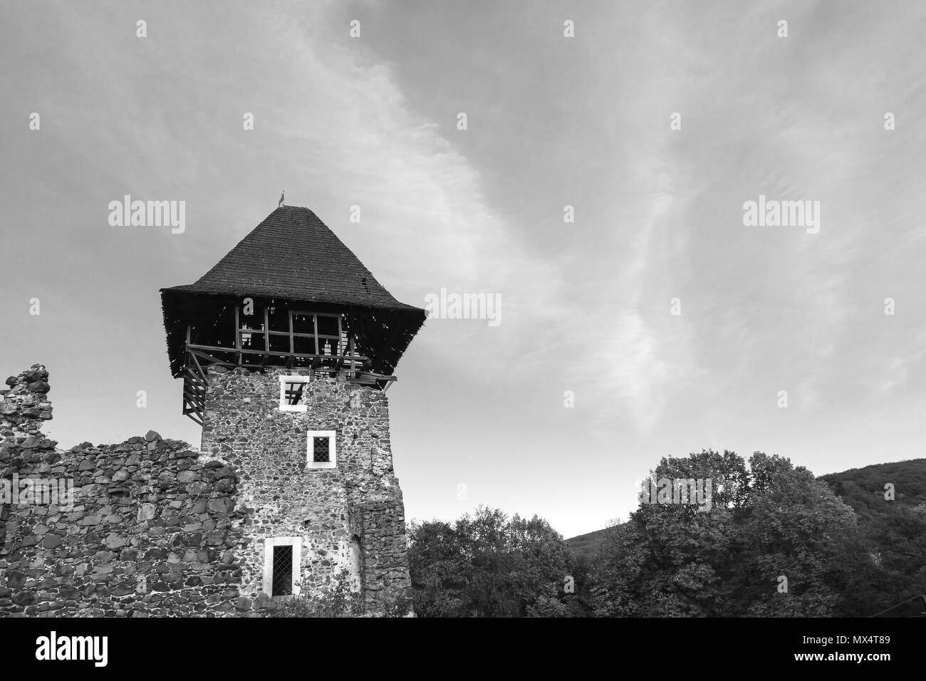 Photographie en noir et blanc de la vieille forteresse. Banque D'Images