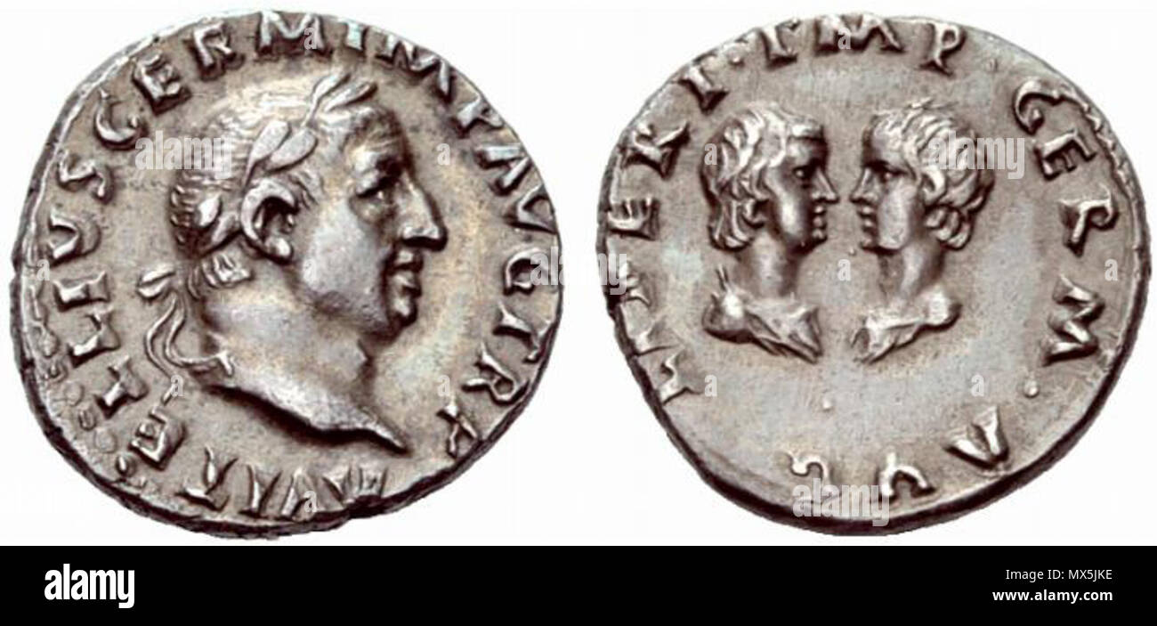 . Anglais : VITELLIUS. 69 AD. AR Denarius (3,44 mm). [A]ELLIVS ALLEMAND VIT IMP TR P, lauréat chef droit / LIBERI IMP ALLEMAND, confronté bustes de Vitellius' son fils et sa fille, tous deux drapées. J'RIC 79 Русский : Денарий имп. Вителлия (69 год). - Изображение старшего аверсе на сына Вителлия дочери Германика и, Вителлии, . Ce fichier n'est pas informations sur l'auteur. 64 Aulus vitellius, vitellia et vitellius germanicus Banque D'Images