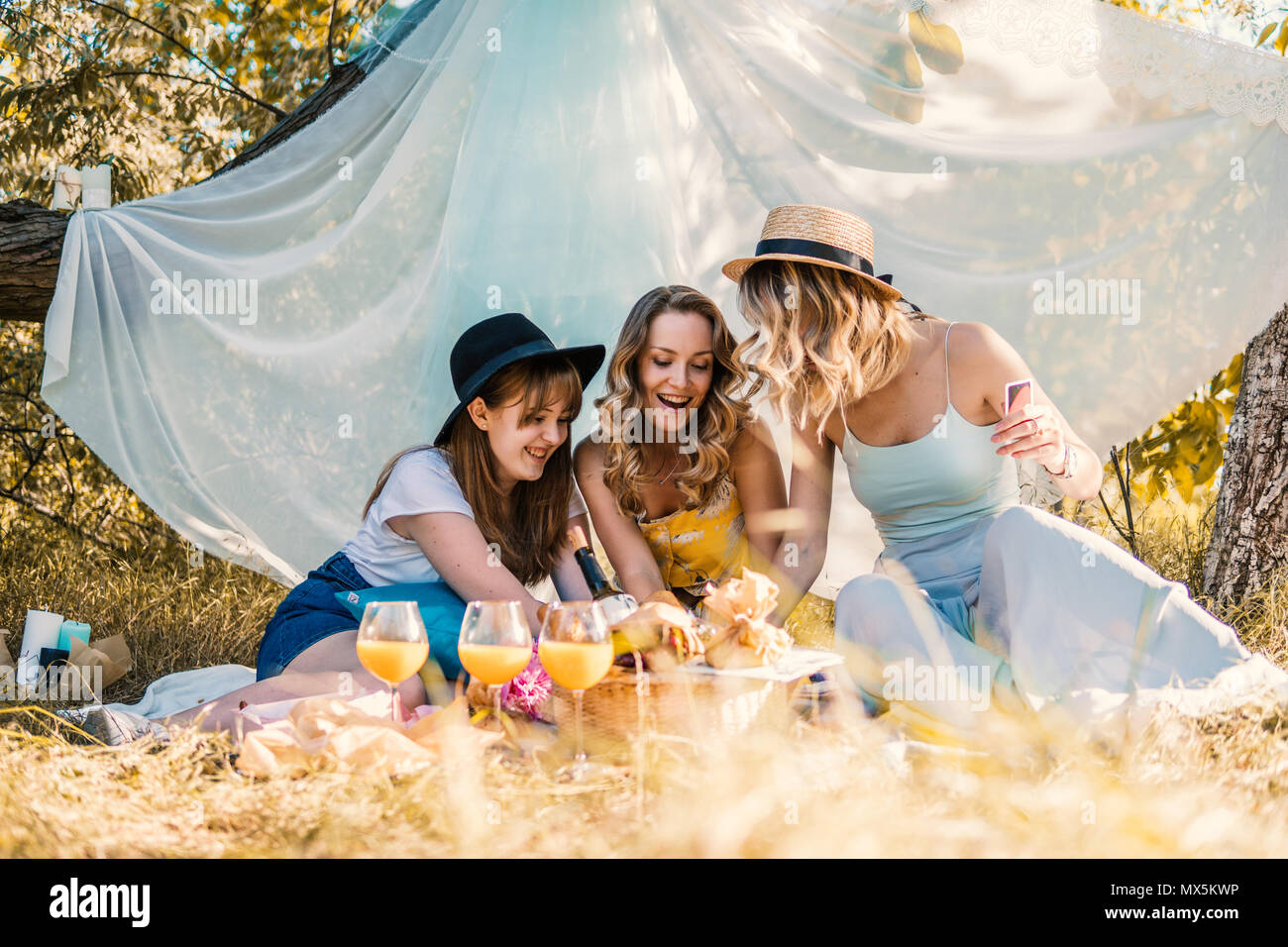 Groupe de filles faisant des amis de plein air pique-nique Banque D'Images