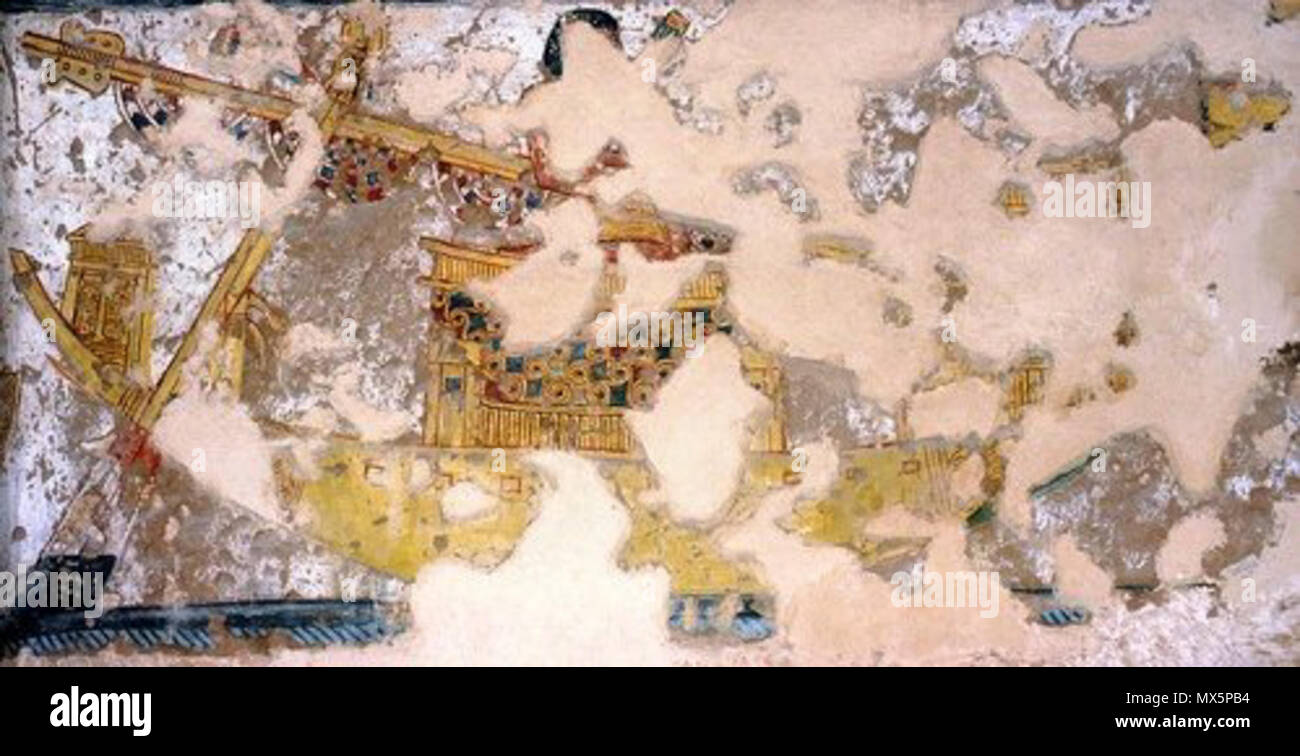 . Anglais : bateau à voiles ferlées au pélerinage à Abydos. Scène de la tombe de Ramsès III. (KV11) . Nouveau Royaume, Dynasty 20, Ramsès III. Inconnu 89 Bateau avec voile ferlées (KV11) Banque D'Images