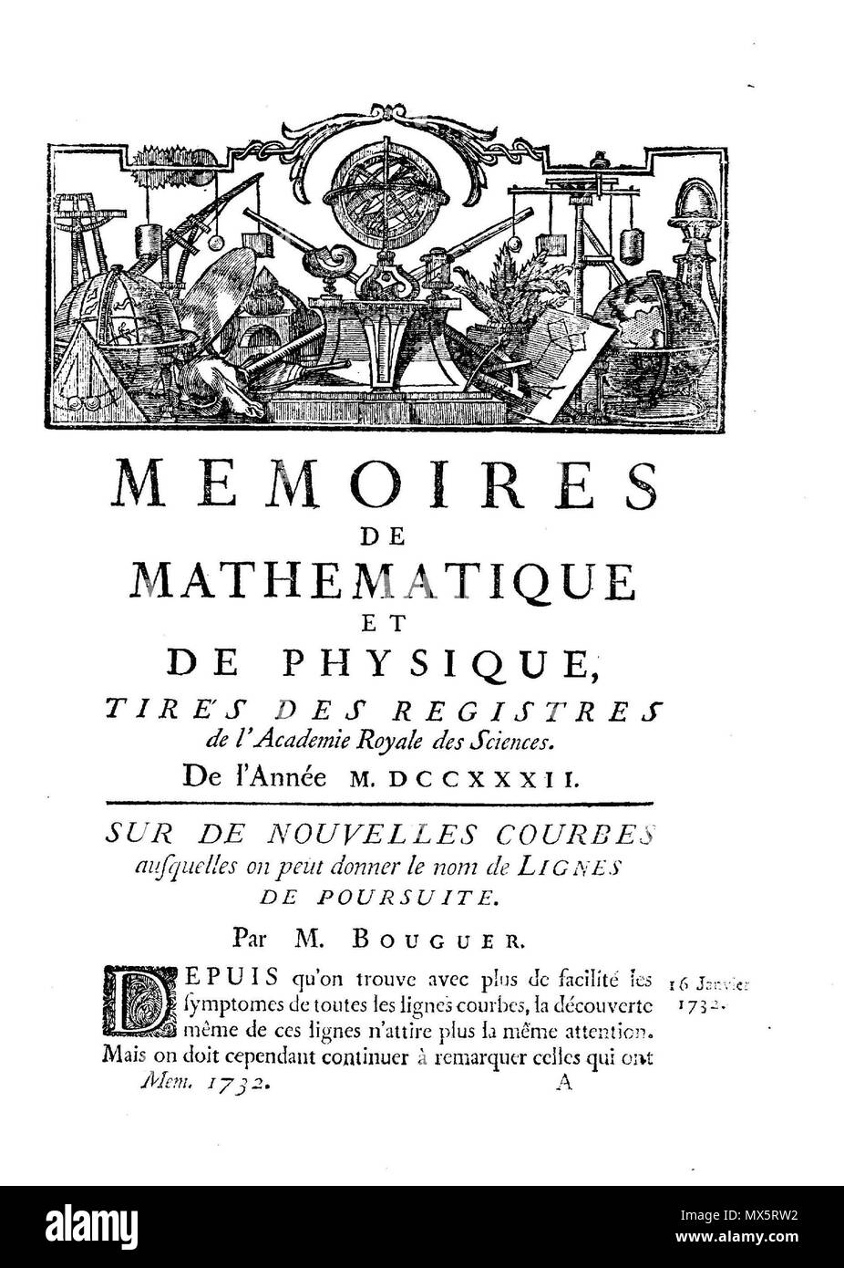 . English : Première page de l'article de Pierre Bourguer (1732) dans les mémoires de l'Académie royale des sciences, étudiant les courbes de poursuite English : Première page de l'article de Pierre Bourguer de 1732, l'étude des courbes de poursuite . 26 janvier 2013, 14:30:22. Pierre Bourguer 95 BourguerCourbepoursuite1732 Banque D'Images