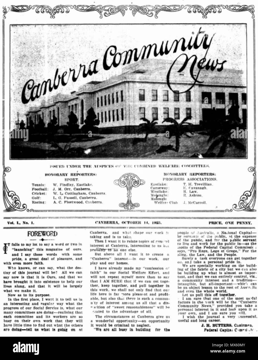 . Anglais : Première page du premier numéro de la collectivité de Canberra, 14 octobre 1925. 29 novembre 2013, 13:48:16. Bibliothèque nationale d'Australie Canberra 110 Nouvelles de la communauté Banque D'Images