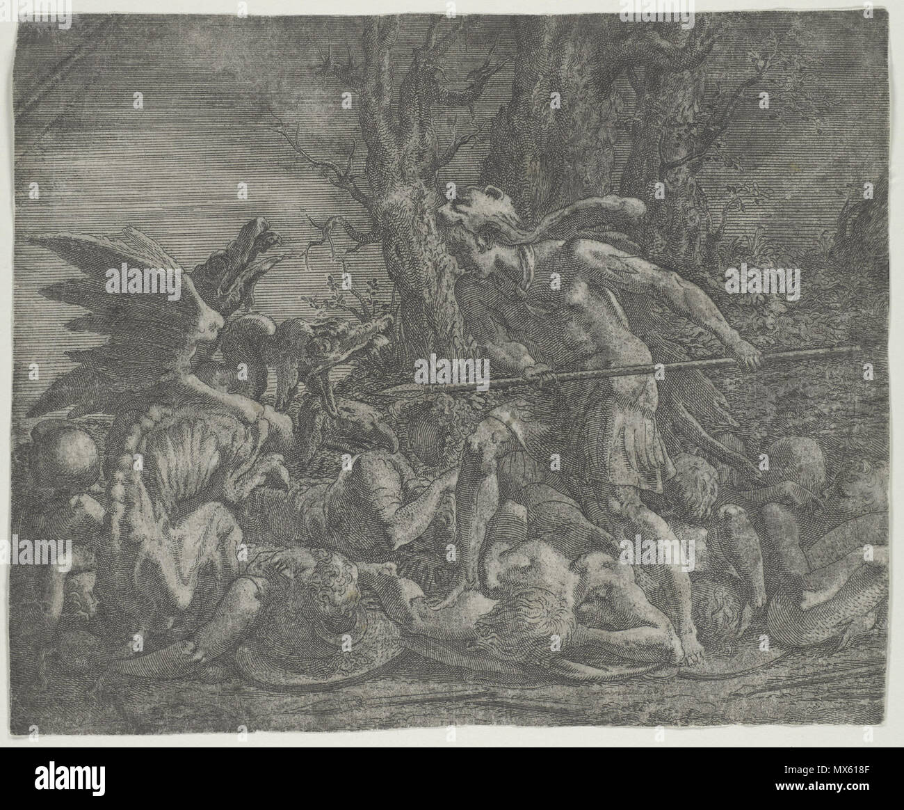 . Anglais : Metropolitan Museum of Art Artiste/Titre de travail : lutte contre le Dragon Cadmus qui avait tué ses hommes Ministère : les dessins et gravures de la Culture/Période/Emplacement : HB/TOA Date Code : 08 Date : 1540-56 Travail Photo Numérique #  : DP102821 . 21 février 2003, 14:21:33 orig (années 1540). Léon Davent - graveur français au milieu du xvie siècle 154 Davent rencontré Banque D'Images