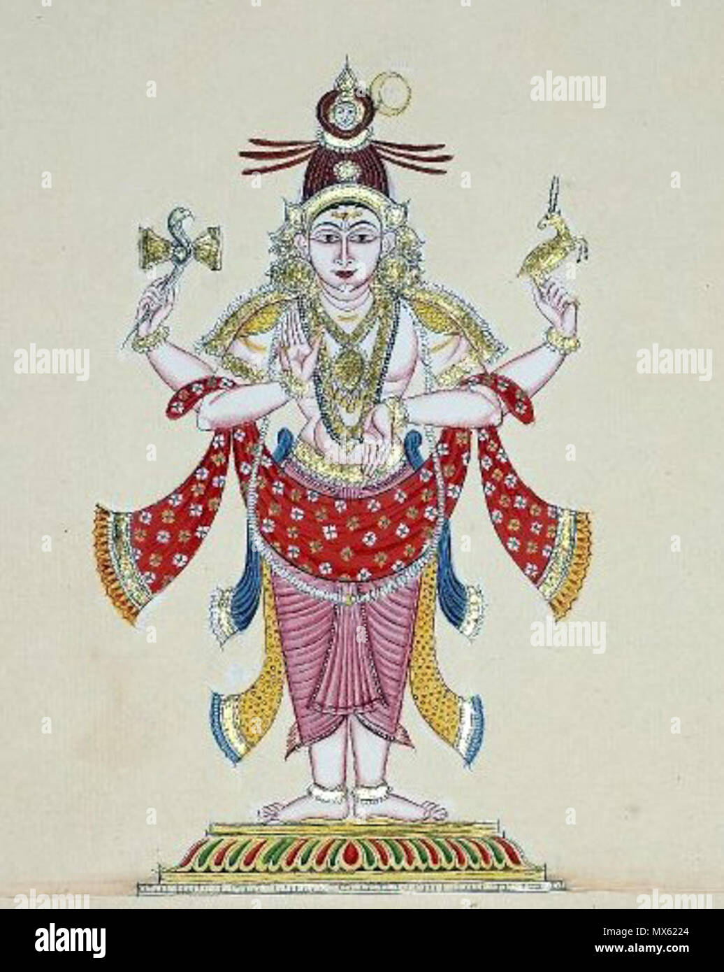 . English : 'Candraśekharamūrti se dresse sur un socle bas lotus avec son poids uniformément sur les deux pieds. Sur le côté gauche de son chignon, à proximité immédiate de Ganga, le visage est le croissant de lune. Dans sa partie supérieure droite et main gauche, le dieu porte le damaru et le mriga, la partie inférieure de sa main droite est en bas à gauche et son abhaya dans varada mudra. Candraśekharamūrti est vêtu d'un dhoti côté châssis, avec un angavastra est drapé sur son coude et il porte les ornements habituels.' . vers 1820. auteur inconnu 122 Chandrashekhara Banque D'Images