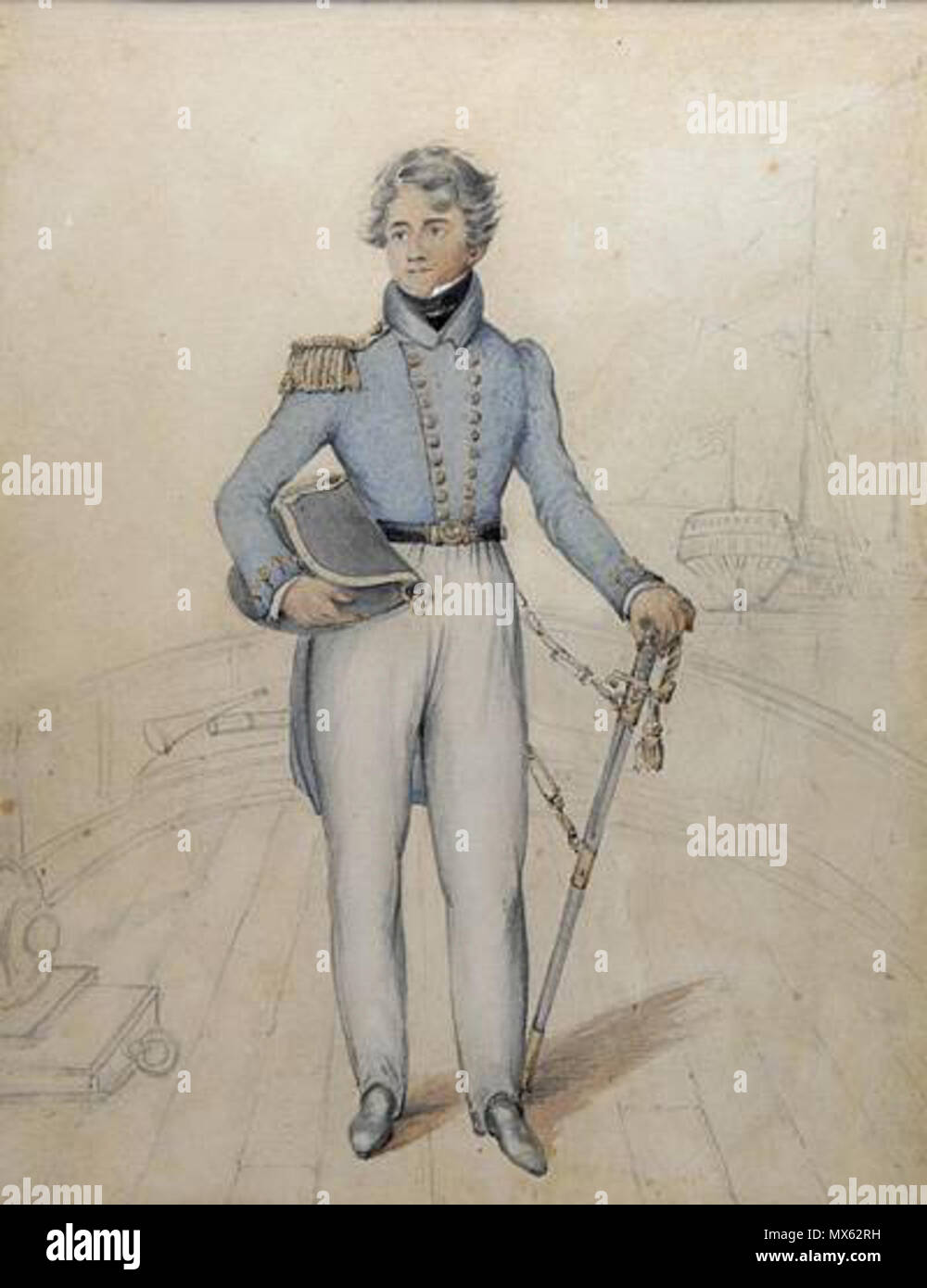 . Anglais : portrait au pastel et crayon de Lieutenant Cheesman Henry Binstead RN.. Le portrait lui montre l'article sur le pont avec l'arrière du HMS Challenger dans l'arrière-plan. Artiste inconnu. 1826. 126 Inconnu Cheesman Henry Binstead Banque D'Images