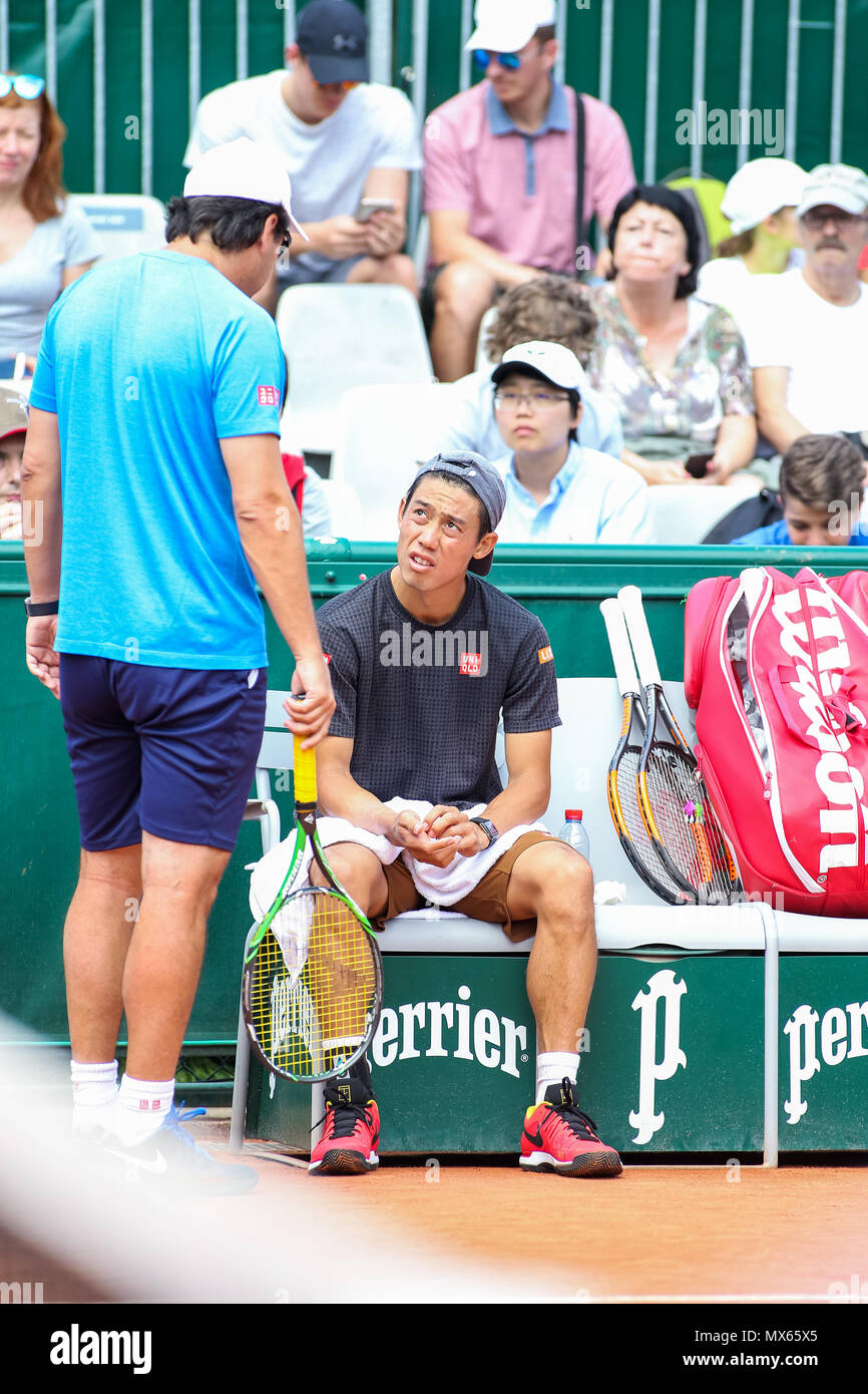 Kei Nishikori (JPN), Dante Bottini, le 2 juin 2018 - Tennis : Kei Nishikori  du Japon et son entraîneur Dante Bottini pendant une session de formation  avant le Men's single quatrième ronde