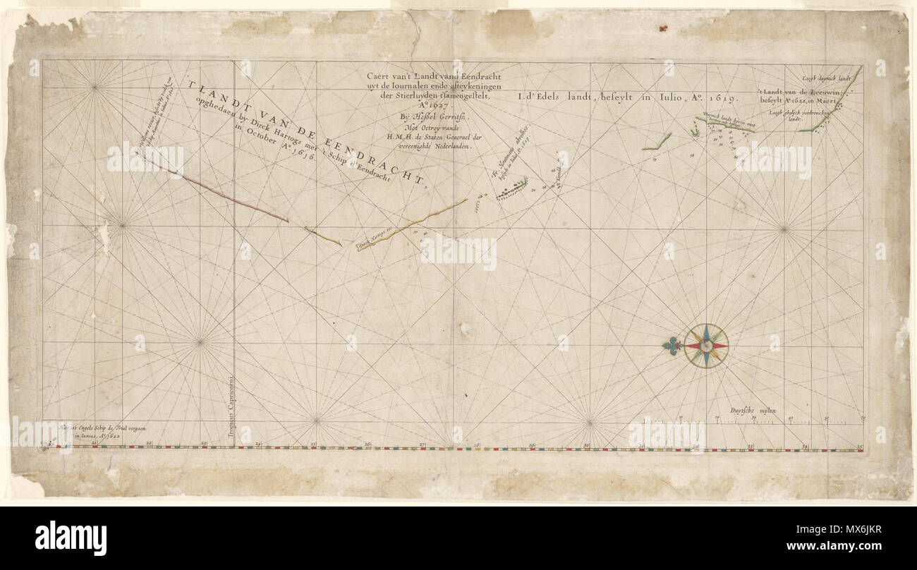 . Il s'agit d'une image de Hessel Gerritszoon's 1627 Carte de la côte nord-ouest de l'Australie. Le titre est 'Caert van't Landt van d'Eendracht' qui signifie 'Graphique de la Terre de l'Eendracht'. C'est ainsi nommée parce que cette partie de la côte était d'abord et avant tout tracée par Dirk Hartog dans l'Eendracht en 1616. La carte originale a été publiée en 1627.. Hessel Gerritsz, aussi écrit 'Hessel Gerritszoon'. 108 Caert van't Landt van d'Eendracht (NLA) Banque D'Images