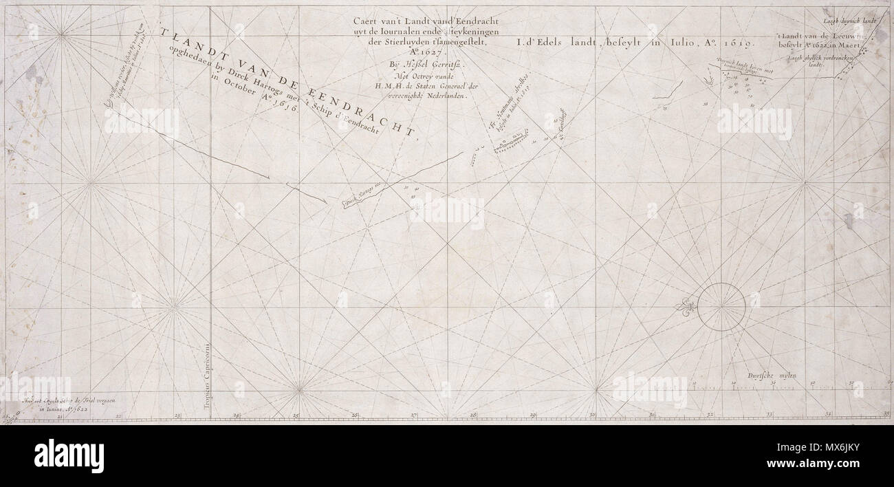 . Il s'agit d'une image de Hessel Gerritszoon's 1627 Carte de la côte nord-ouest de l'Australie. Le titre est 'Caert van't Landt van d'Eendracht' qui signifie 'Graphique de la Terre de l'Eendracht'. C'est ainsi nommée parce que cette partie de la côte était d'abord et avant tout tracée par Dirk Hartog dans l'Eendracht en 1616. La carte originale a été publiée en 1627.. Hessel Gerritsz, aussi écrit 'Hessel Gerritszoon'. 108 Caert van't Landt van d'Eendracht (NSW) Banque D'Images