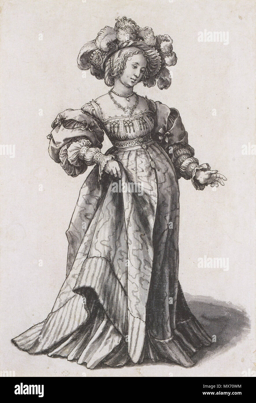 . Anglais : Bâle Femme avec chapeau de plumes d'autruche, étude de costume. Plume, encre et pinceau, Gray, lavage 29 × 19,6 cm, Kunstmuseum de Bâle. Le but d'Holbein's pen-et-wash études sur les femmes de cette période n'est pas connu, bien que l'accent est mis sur leurs vêtements. C'est l'un des trois, du groupe des six, qui selon les chercheurs ne sont pas par Holbein, lui-même s'il est probablement responsable de le motif. La question ici porte l'amour-noeuds sur son chapeau à plumes. (Müller, pp. 300-301). Native Kunstmuseum Basel Le Kunstmuseum Basel Bâle Nom Emplacement coordonnées 47° 33' 15" N, 7° 35' 39" E Banque D'Images