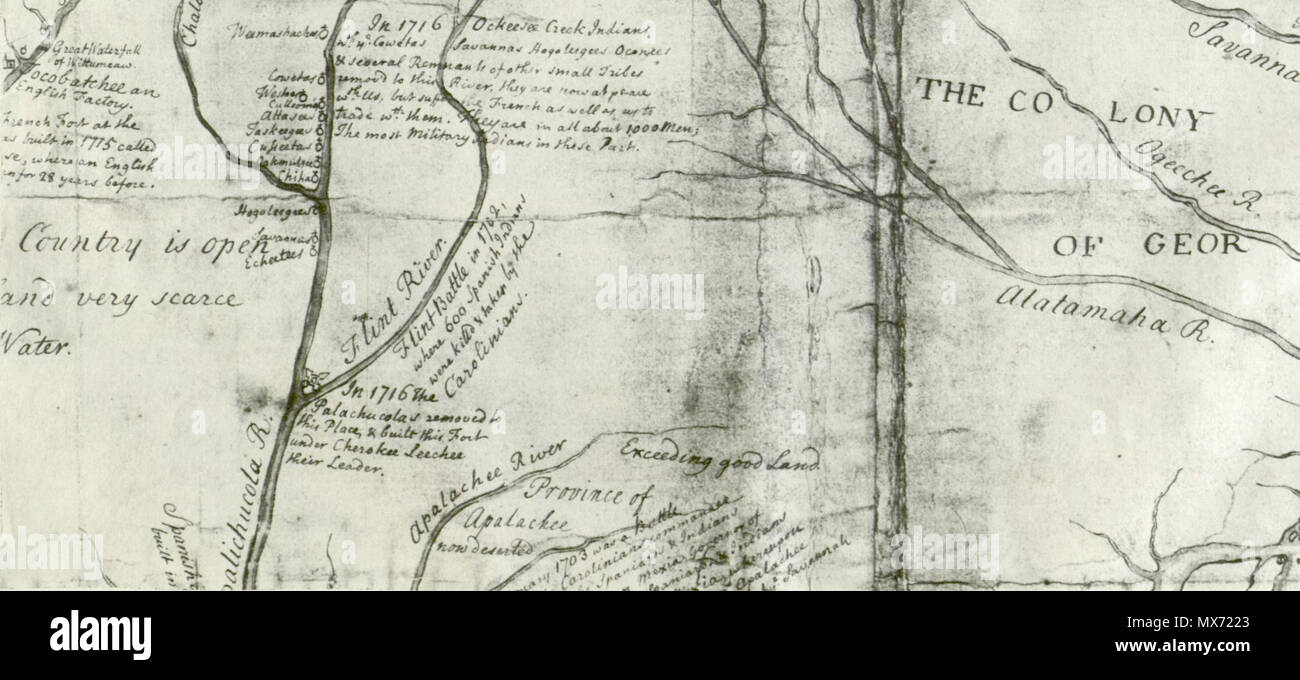 . Détail d'une période carte montrant l'emplacement approximatif de la bataille de 1702 Flint River . circa 1720. William Bull (d. 1755) 76 BattleOfFlintRiver Banque D'Images