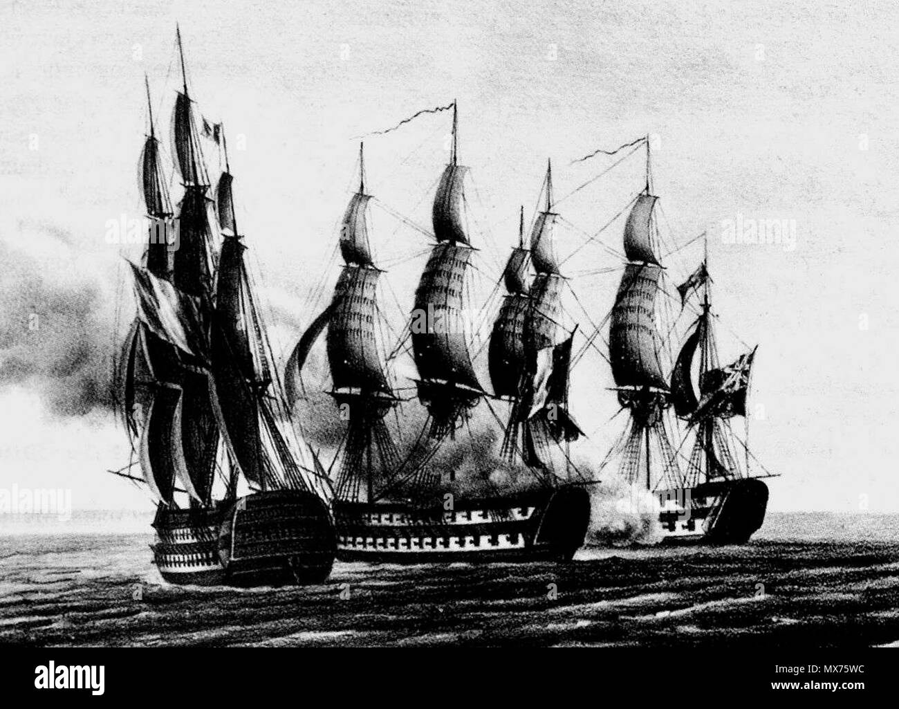 . Anglais : La Capture du HMS Swiftsure et indivisible par Dix-Août Français : En reprenant la route la France, l'Invincible et le Dix-Août de la division Ganteaume, rencontrent le 24 juin 1801, le vaisseau anglais Swifsure, vétéran de la bataille d'Aboukir, en route vers Malte. Après une sévère canonnade, l'anglais amène ses couleurs et est capturé par les Français. Début du 19 siècle. Inconnu/non précisé 112 swifsure Capture Banque D'Images
