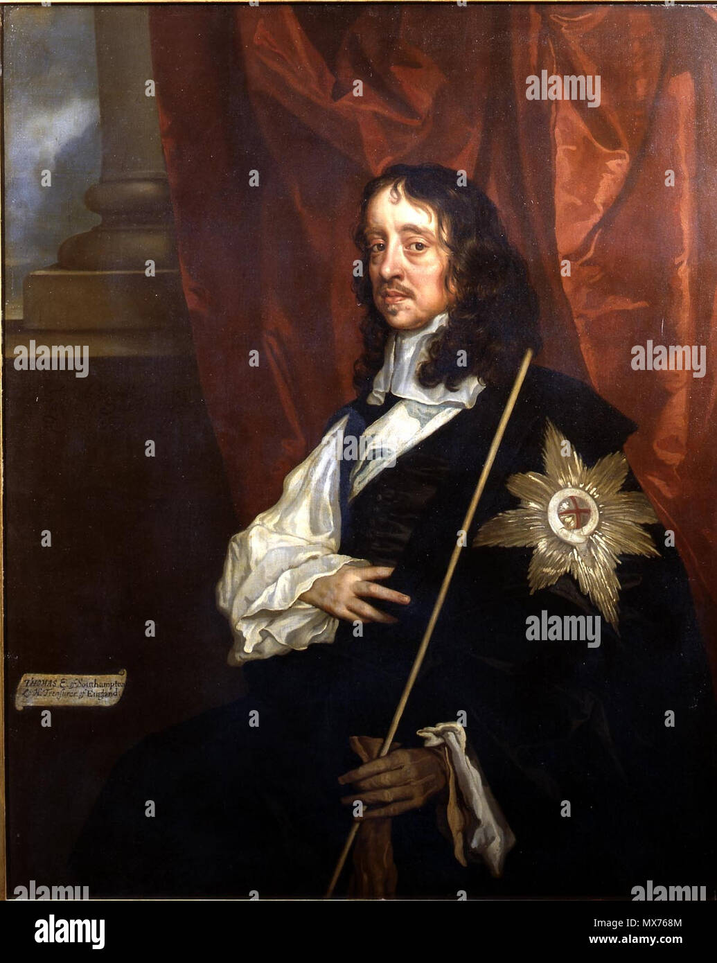 . Anglais : Thomas Wriothesley, 4e comte de Southampton (1607-1667), seigneur d'Angleterre, Trésorier Haut tenant son personnel de bureau . circa 1660. De l'école Sir Peter Lely 417 thEarlOfSouthampton Banque D'Images