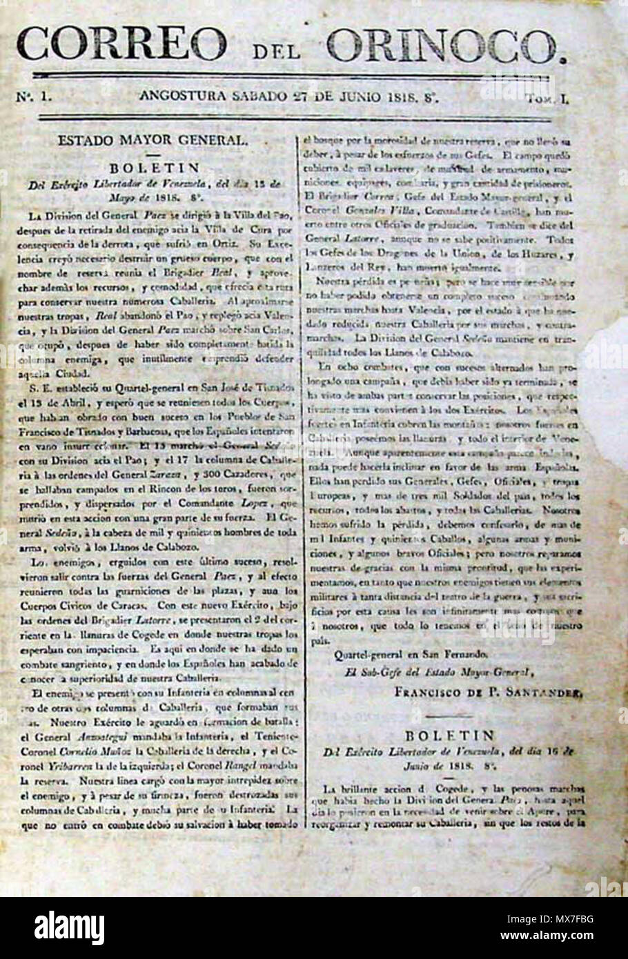 . Correo del Orinoco . 27 juin 1818. Simón Bolívar 144 CorreodelOrinoco Banque D'Images