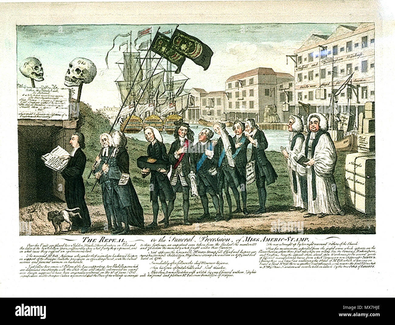 . Une version en couleur de l'abrogation. - Ou aux funérailles de Mme Americ-Stamp., un célèbre politique 1760 caricature montrant l'abrogation de la Loi sur les timbres 1765. George Grenville, dont le ministère a adopté la loi, exerce un cercueil représentant la loi, avec d'autres politiciens notables dans le train funéraire. vers 1766. 156 inconnu mort du Stamp Act en couleur Banque D'Images