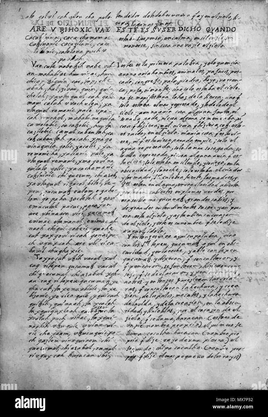 . Anglais : page de titre de plus ancien manuscrit Popol Vuh . 1 décembre 2009, 16:57 (UTC) (1 décembre 2009 (première version) ; 1 décembre 2009 (dernière version)). Le programme original a été AmericanGringo à fr.Wikipedia 187 Empiezan las historias(Popol Vuh) Banque D'Images