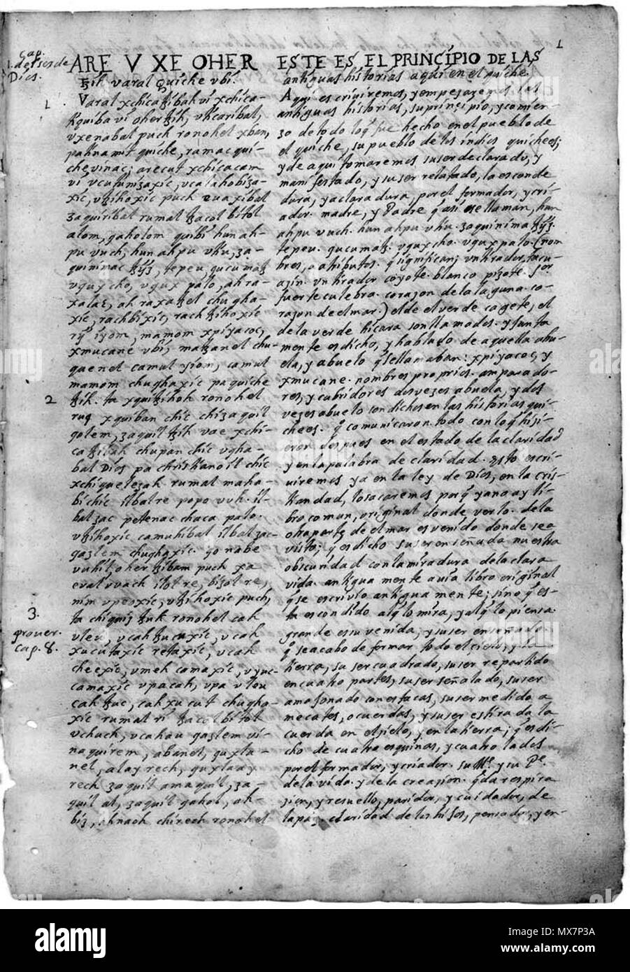 . Anglais : texte parallèle du plus ancien manuscrit Popol Vuh . 1 décembre 2009, 17:23 (UTC). Ce fichier n'est pas informations sur l'auteur. 187 Empiezan las historias (préambule) Banque D'Images