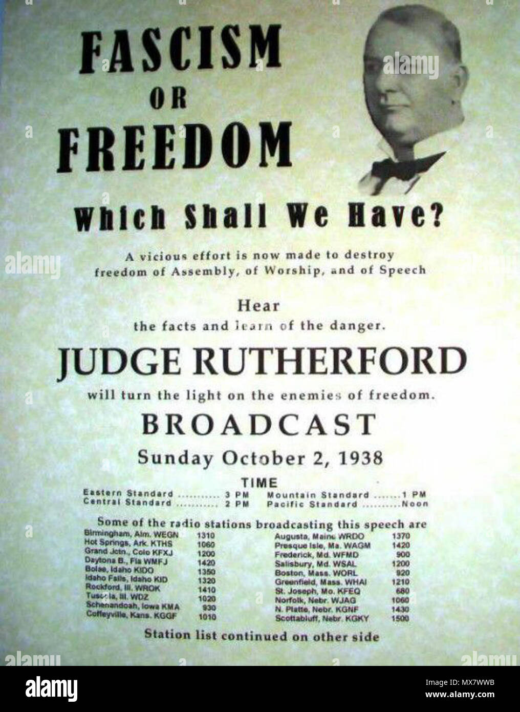 . Zapowiedź przemówienia radiowego Polski : « Faszyzm » wygłoszonego czy wolność przez radio 2 października 1938 roku przez J.F. Rutherforda. Octobre 1938. Joseph Franklin Rutherford (1869-1942) 203 Le fascisme de Freddom (JF diffusion Rutherford - 2 octobre 1938) Banque D'Images