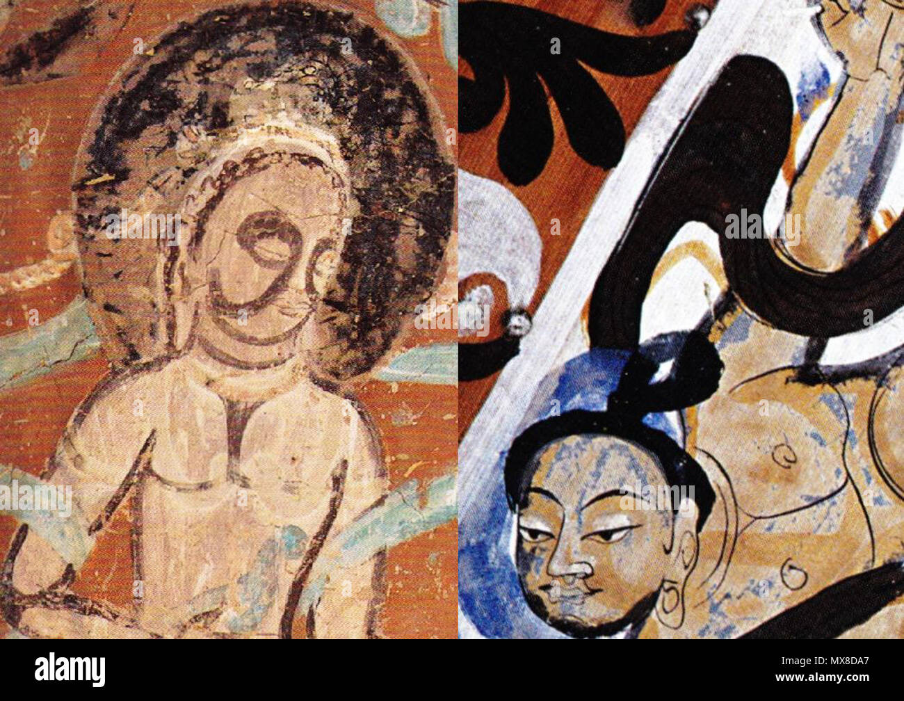. Anglais : peintures murales de Dunhuang montrant des détails technique d'ombrage. La Figure à gauche de la grotte 275 à partir de la période (397 Liang-460), figure sur la droite de la grotte 428 de la dynastie Zhou du Nord (557 - 581).. 30 janvier 2012. Pas de 173 chiffres montrant une technique d'ombrage de Dunhuang Banque D'Images