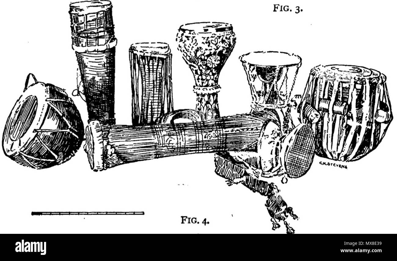 . 'Fig. 4 Batterie - primitif, égyptien, turc, japonais, etc., un (Thibetan) faite d'un crâne coupé en deux." . 1907. Waldo Selden Pratt 605 fûts Divers THOM Banque D'Images