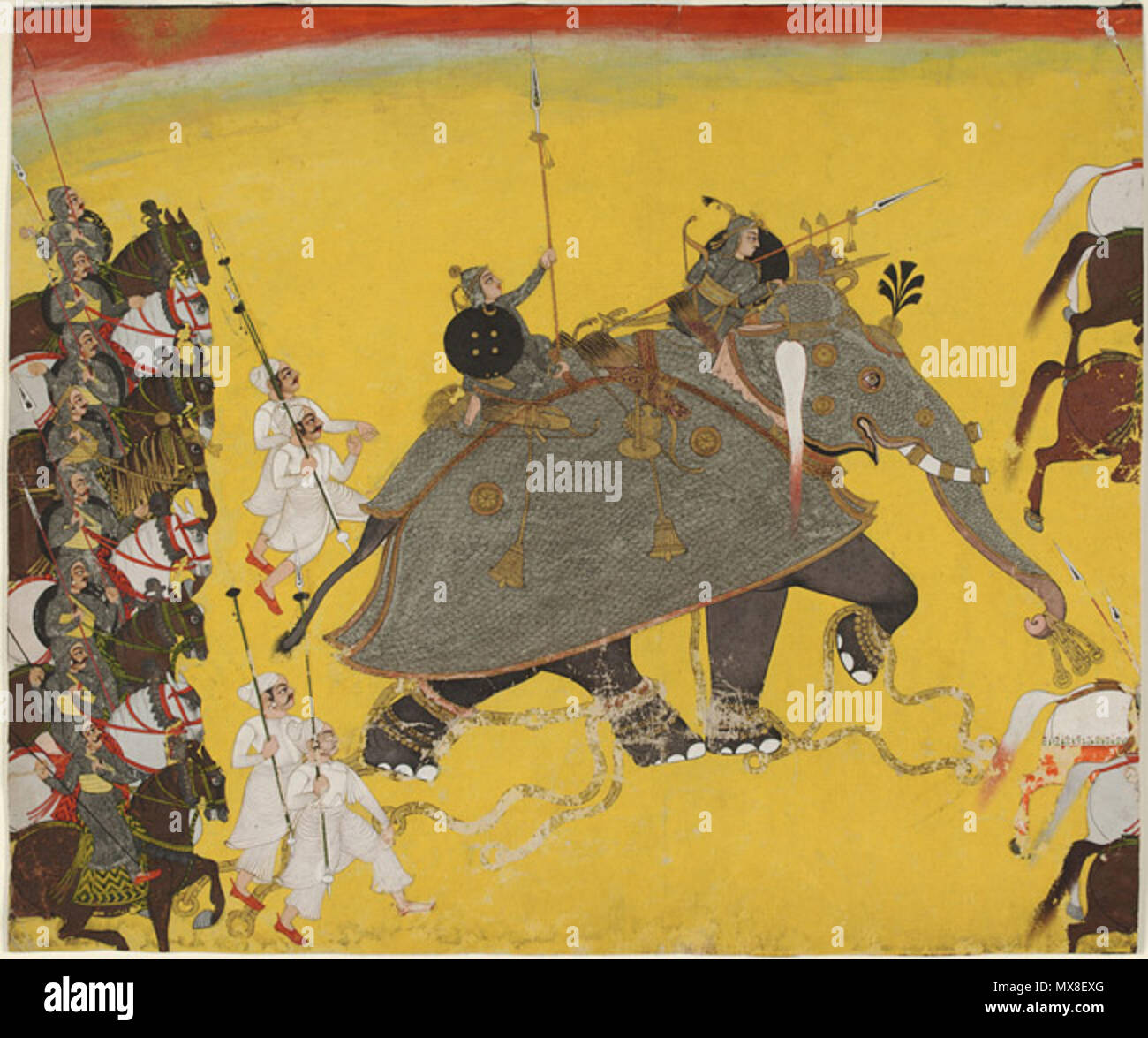 . Anglais : ndian et art himalayen Elephant dans la bataille fait à Kota, Rajasthan, Inde c. 1750-70 Artiste/artisan, l'Inde inconnue aquarelle opaque, d'or et d'argent sur papier 15 3/4 x 18 7/8 pouces (40 x 47,9 cm) en ce moment pas sur voir 1994-148-394 Collection Stella Kramrisch, 1994 L'étiquette de l'éléphant indien a été utilisé comme principal moteur de combat depuis plus de deux mille ans à l'échelle du sous-continent indien et a été évalué par les gouvernants loin au-dessus des chevaux. Dans ce tableau, un éléphant de combat blindés lourdement saccages sur une soudure d'un jaune vif au milieu d'hommes montés sur des chevaux. Sur son dos sont deux soldats armés de lances, Banque D'Images