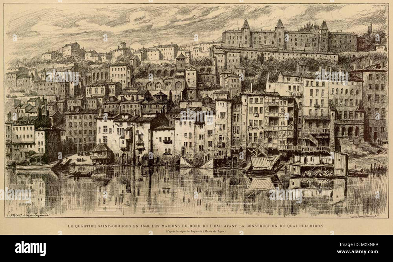 . Français : Le quartier Saint-Georges en 1840. Les maisons du bord de l'eau avant la construction du quai Fulchiron, d'après le château d'Hippolyte Leymarie . 11 juin 2007, 14:31:10. Joannès Drevet († 1940) d'après une photographie d'Hippolyte Leymarie 1525-Res-126367 Banque D'Images