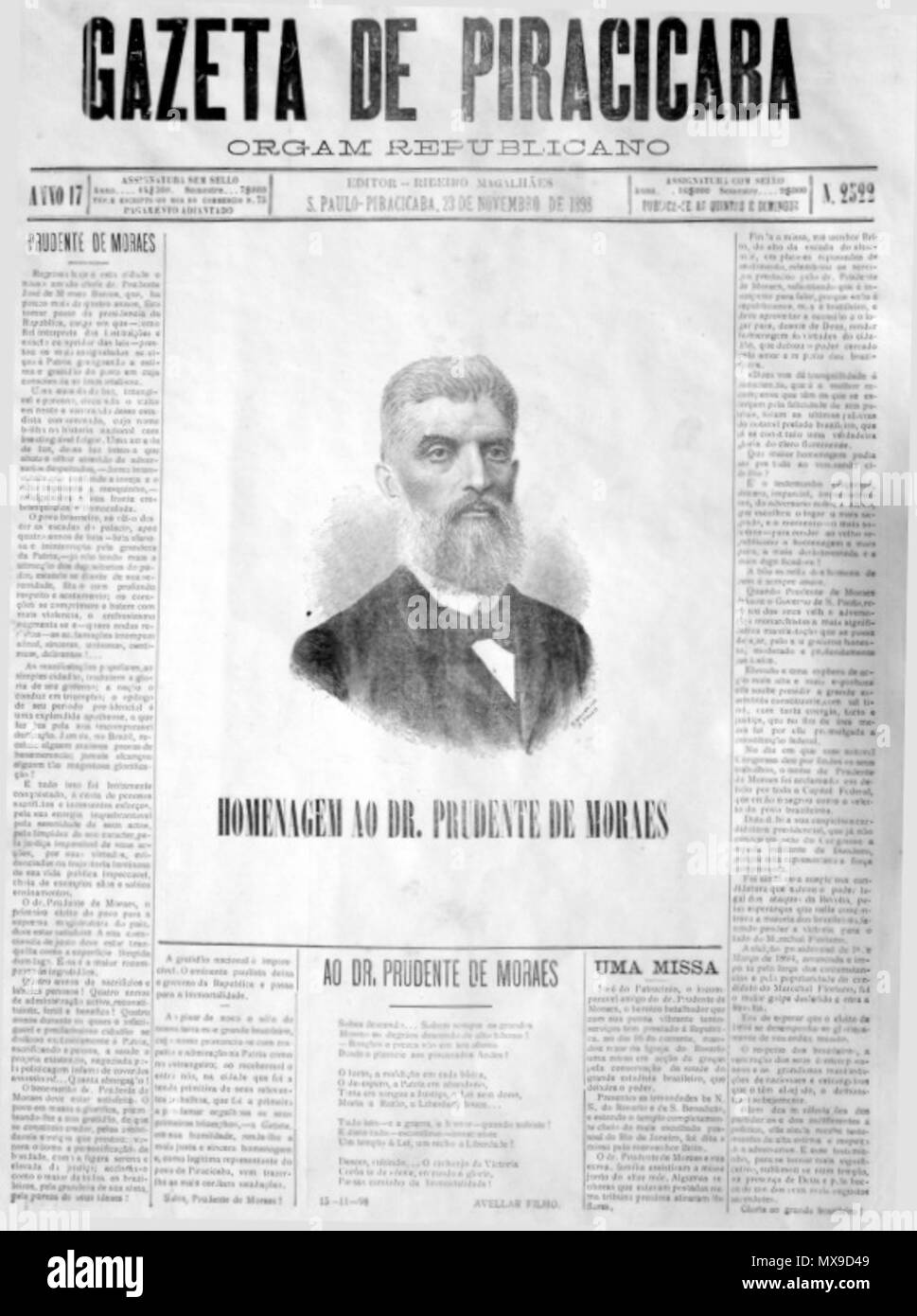 . Português : UNE Gazeta de Piracicaba homenageia Prudente de Morais pas de encerramento de mandato presidencial. 23 novembre 1898. Gazeta de Piracicaba 236 Gazeta de Piracicaba Banque D'Images