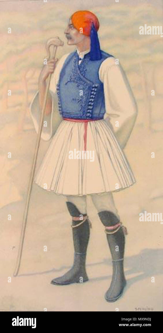 . Anglais : le costume de l'homme grec (Attique) y compris Fustanella - Collection de costumes grecs par NICOLAS SPERLING (Russie 1881-1940 / loi : Athènes). L'année 1930. Nicolas Sperling (1881-1940) 232 Grèce Attica Fustanella Banque D'Images